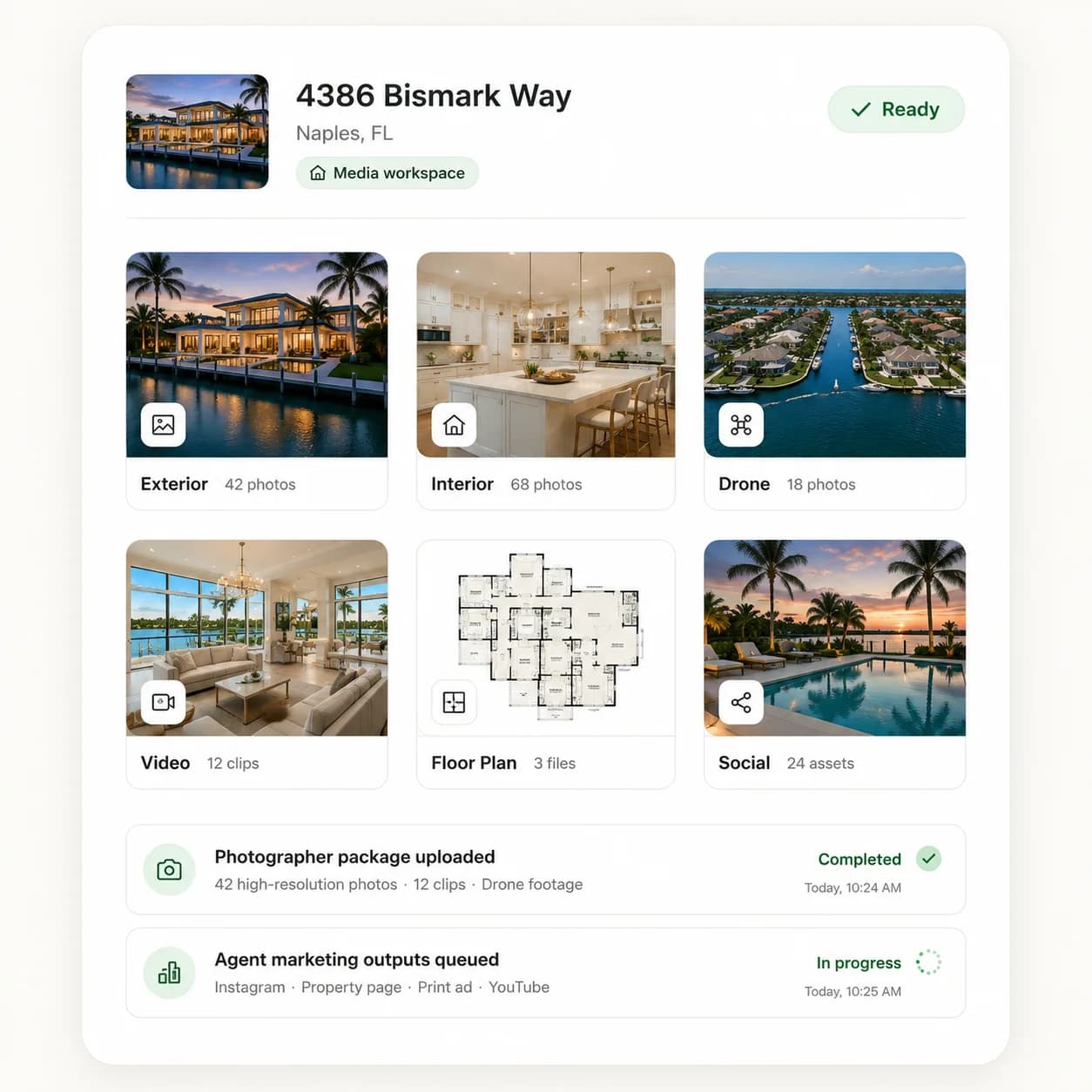 PropertyMediaHQ property workspace with organized listing media and channel-ready packages